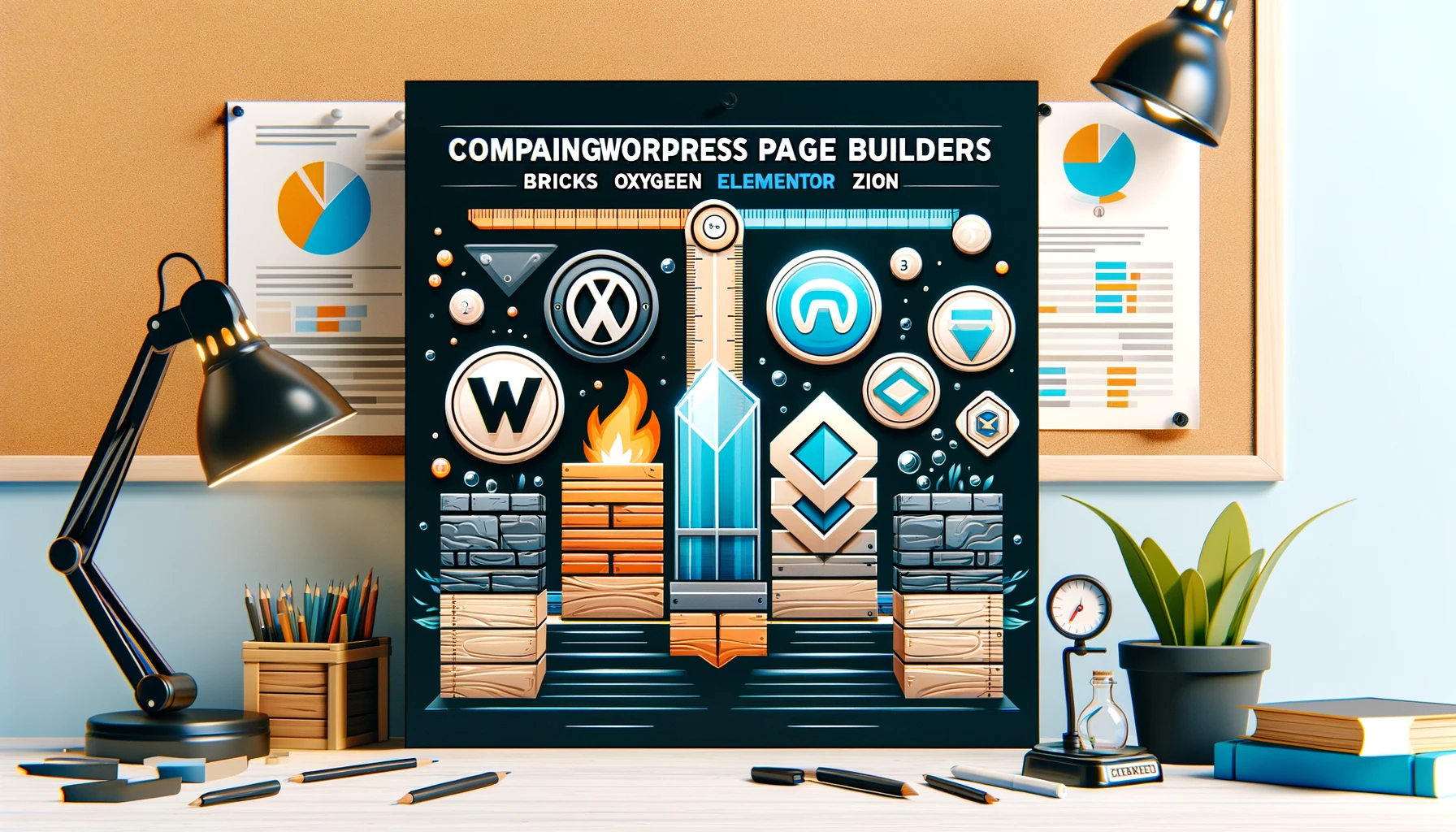 Thumbnail für Blogbeitrag über WordPress Page Builder, zeigt Logos von Bricks Builder, Oxygen Builder, Elementor und Zion Builder mit Vergleichselementen